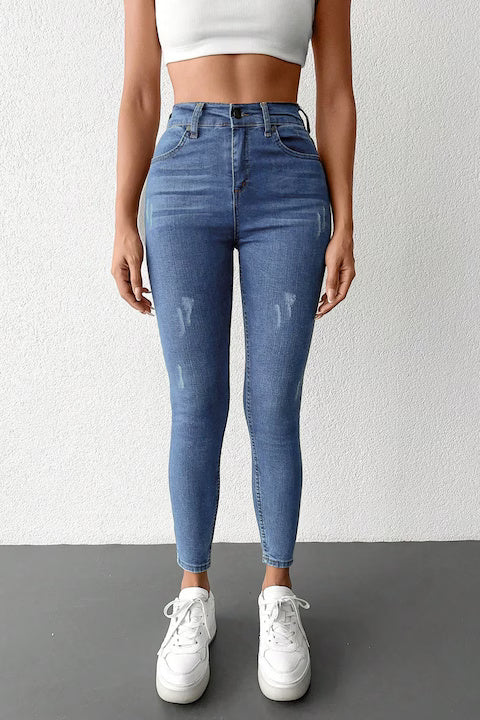 Blugi Dama, Ripped Skinny Jeans, Cu Talie Inalta