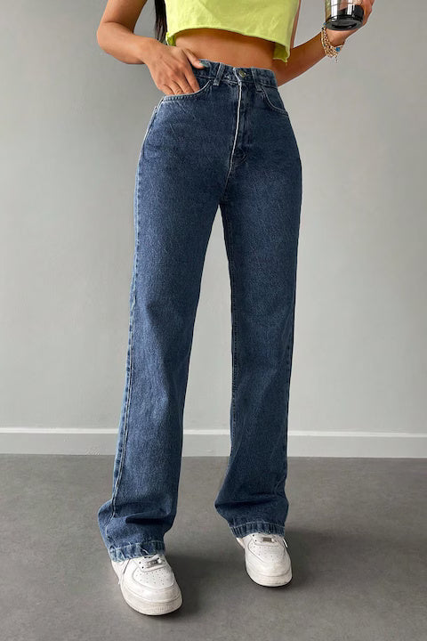 Blugi Dama, Croiala Mom Fit Si Culoare Solida