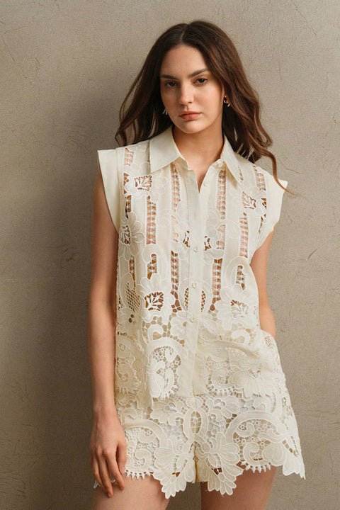 Set Dama, 2 Piese, Bluza & Pantaloni, Brodat Cu Dantela