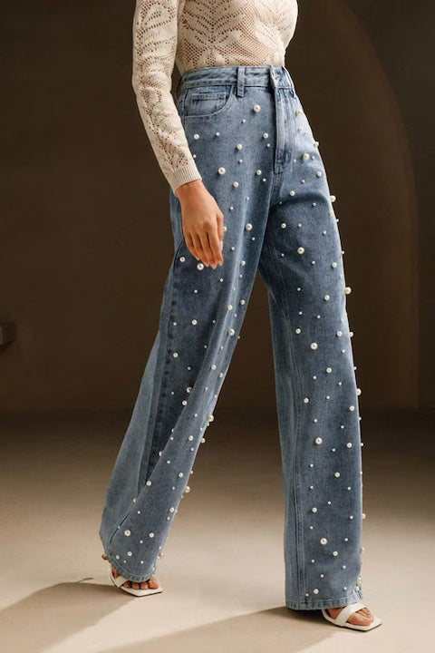 Blugi Dama, Croiala Lejera, Talie Inalta, Cu Decoratii Din Perle