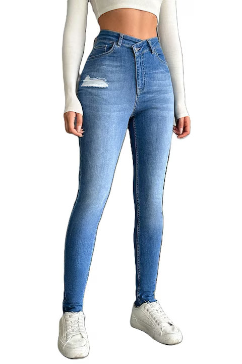 Blugi Ripped Skinny Jeans Dama, Cu Talie Inalta