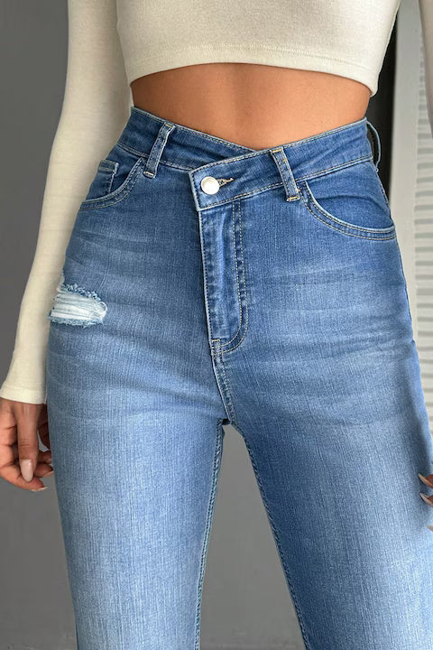 Blugi Ripped Skinny Jeans Dama, Cu Talie Inalta