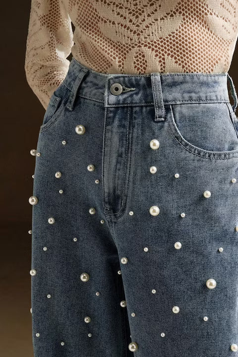 Blugi Dama, Croiala Lejera, Talie Inalta, Cu Decoratii Din Perle