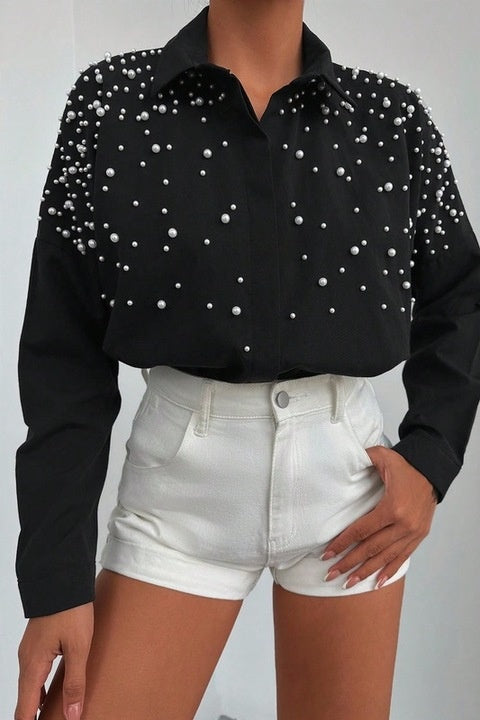 Camasa Dama, Bumbac, Casual, Eleganta, Decorata Cu Perle Si Margele