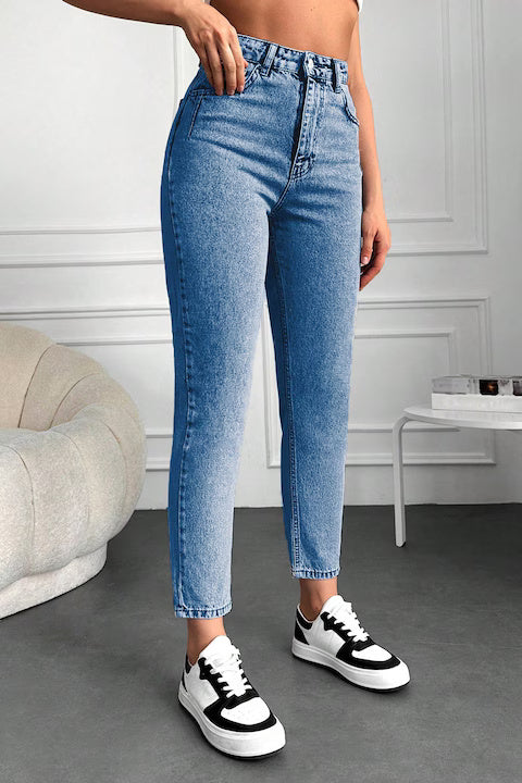 Blugi Dama, Croiala Cropped Mom-Fit Si Culoare Solida