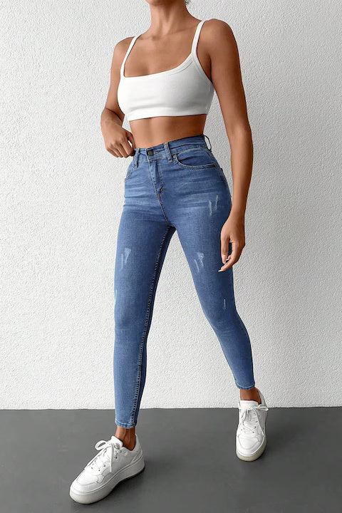 Blugi Dama, Ripped Skinny Jeans, Cu Talie Inalta