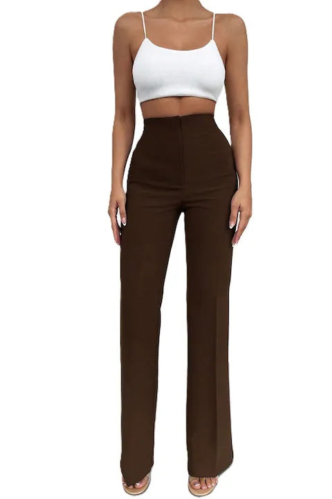 Pantaloni Eleganti Dama, Cu Talie Inalta Si Picior Drept, In Culoare Solida