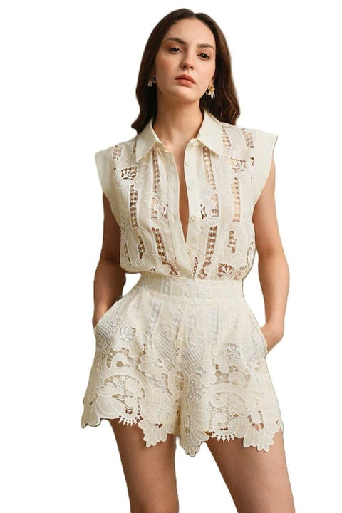 Set Dama, 2 Piese, Bluza & Pantaloni, Brodat Cu Dantela