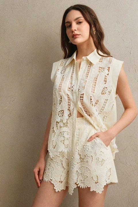 Set Dama, 2 Piese, Bluza & Pantaloni, Brodat Cu Dantela