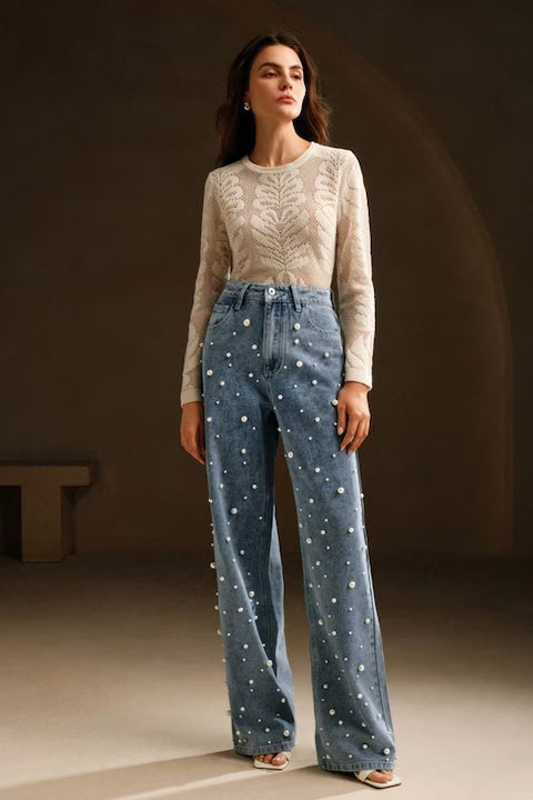 Blugi Dama, Croiala Lejera, Talie Inalta, Cu Decoratii Din Perle