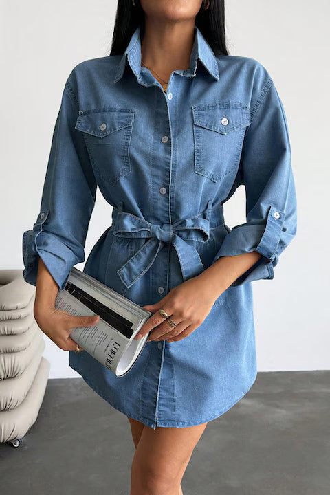 Rochie Dama, Denim, Tip Camasa, Cu Nasturi Si Cordon In Talie