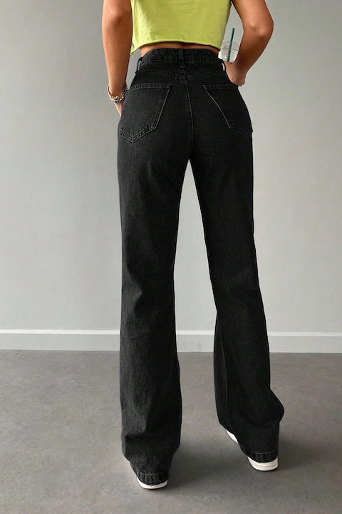 Blugi Dama, Croiala Mom Fit Si Culoare Solida