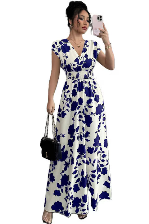 Rochie Dama, Lunga, Design Floral, Decolteu In V