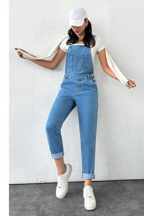 Salopeta Denim Dama, Buzunare Oblice, Bretele, Si Nasturi Laterali