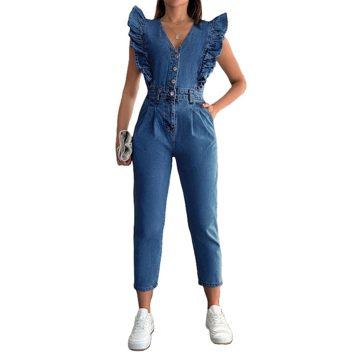 Salopeta Dama, Din Denim, Cu Volane La Umeri