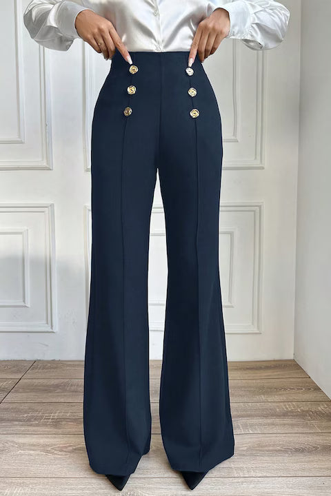 Pantaloni Dama, Evazati, Cu Talie Inalta, Decorati Cu Nasturi Dubli
