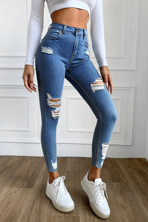 Blugi Dama, Ripped Skinny Jeans, Cu Talie Inalta Si Rupturi